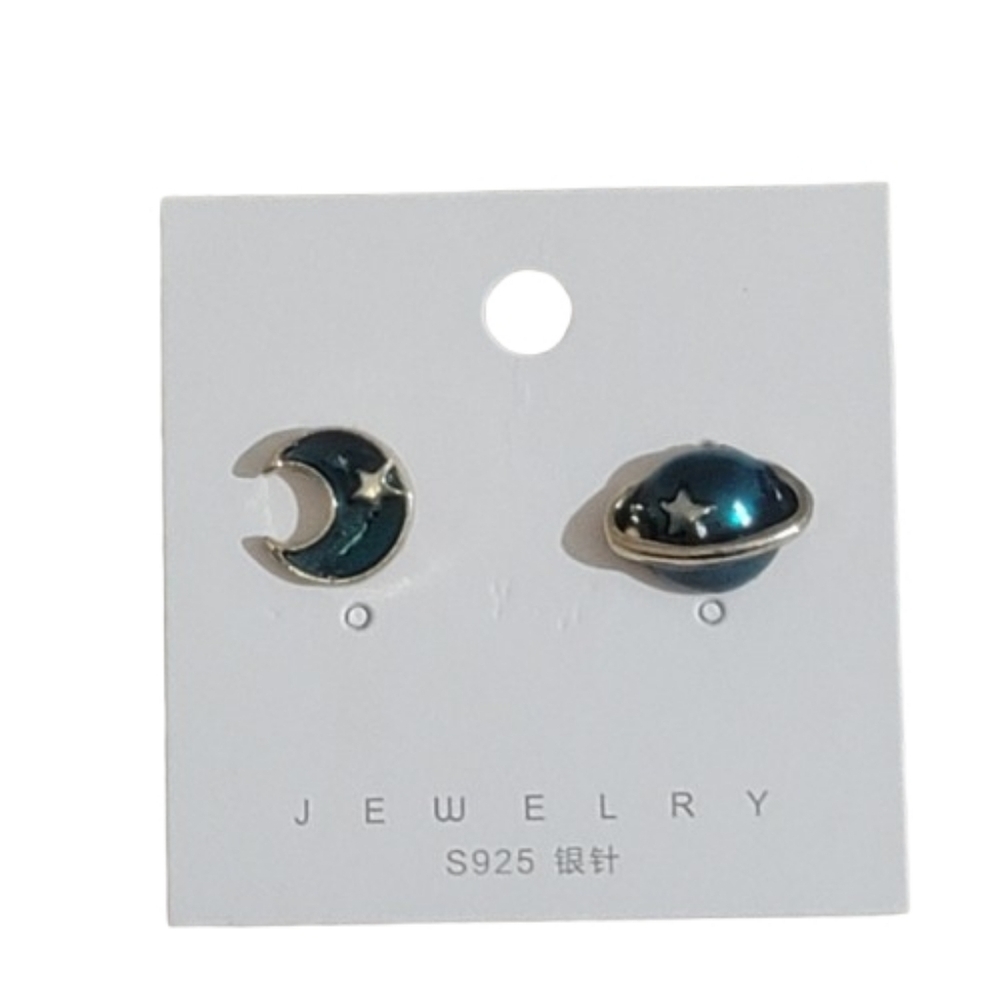 Asymmetrical Celestial Mismatch Stud Earrings Dark Blue Crescent Moon & Star